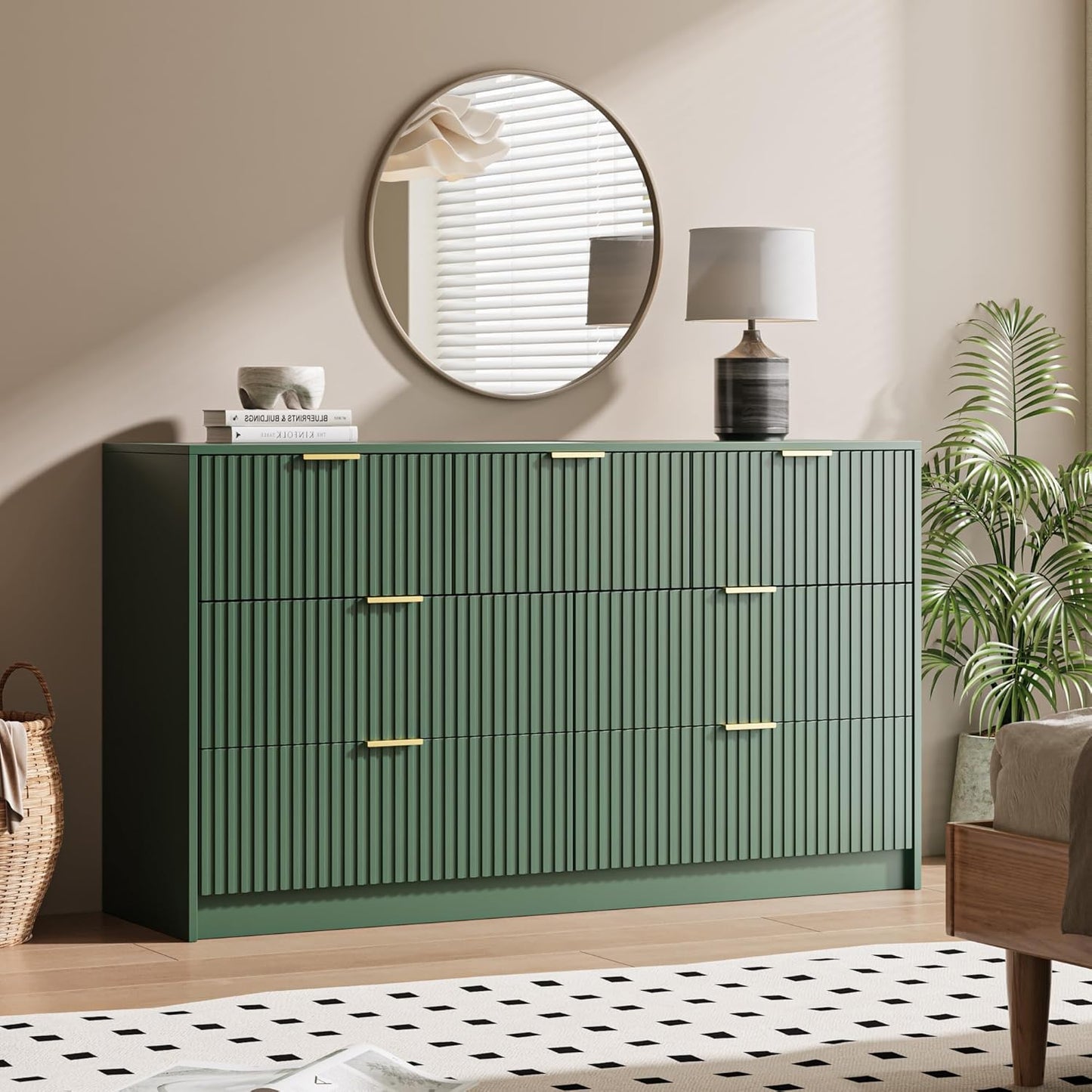 Green 7 Drawer Dresser for Bedroom, Modern Fluted Dresser with Gold Metal Handles, Wide Chest of Drawers for Bedroom, Living Room, Entryway, Hallway, 55.9" L x 15.7" D x 31.4" H