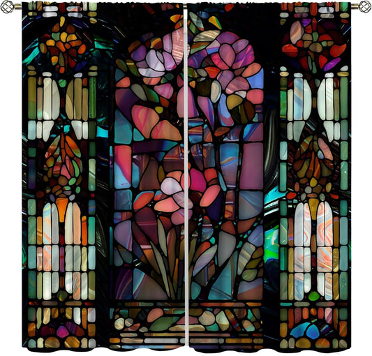 Stained Glass Curtains,Vintage Colorful Abstract Art Home Decor Drapes for Bedroom Living Room Kitchen Window Treatment 2 Panels Set Total Size 63" W X 63" L Inch