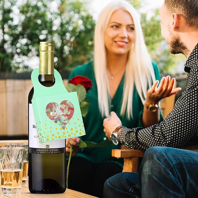 ISKYBOB 25 Pieces Wine Bottle Box with Window, Kraft Paper Wine Boxes for Gifts Hanging Wine Bottle Gift Box Foldable Wine Bottle Hanger Favor Box for Holding Candy Truffles Chocolate Cookies (Green)