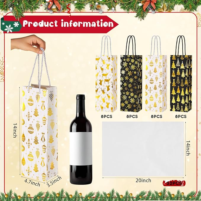 Harloon 32 Pack Christmas Wine Gift Bags Bulk Holiday Wine Bottle Bags with Handles Tissue Paper Metallic Foil Champagne Gift Bags with 4 Designs for Winter Wine Gift Banquet Birthday (Black, Gold)