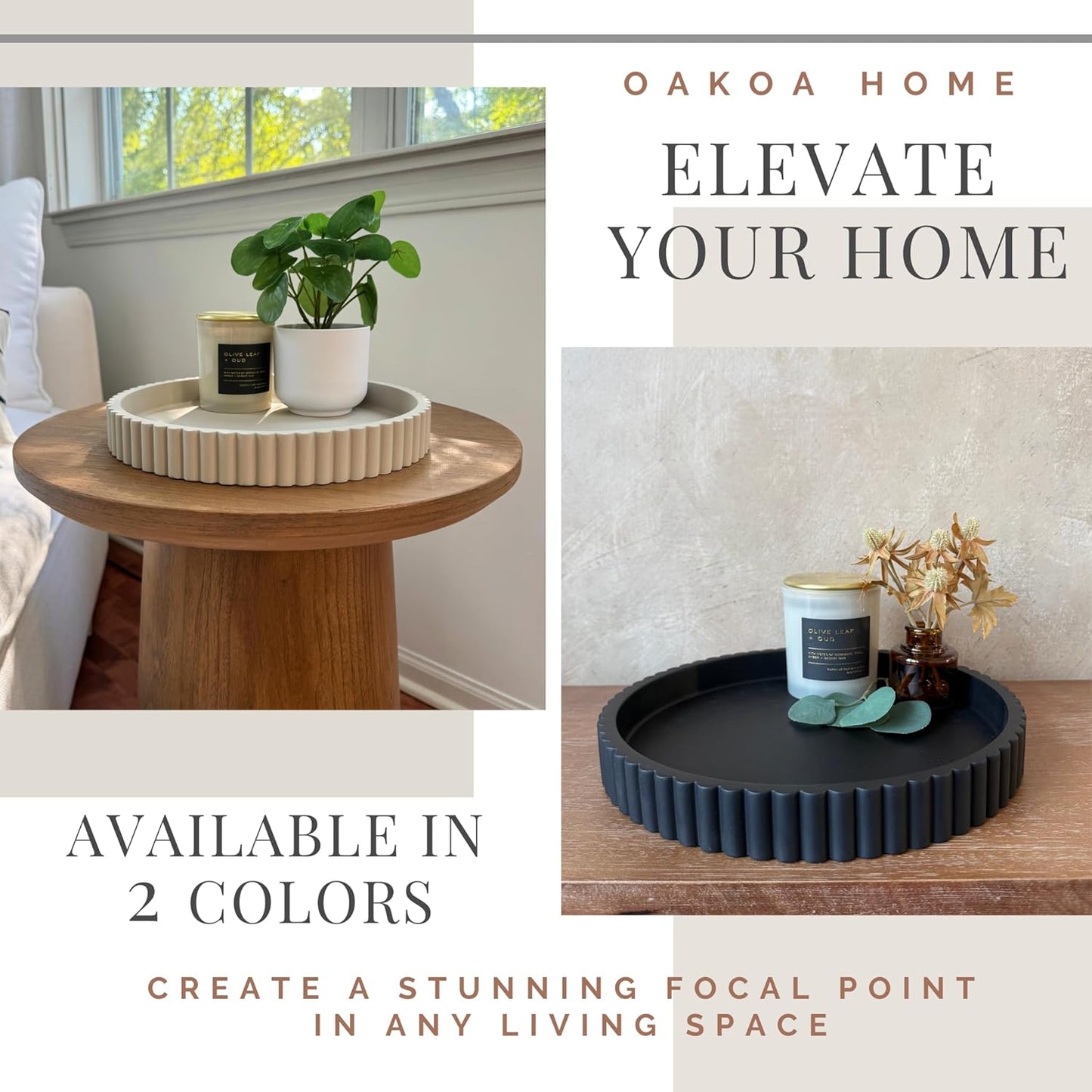 OAKOA Concrete Black Tray for Coffee Table - Round Black Decorative Tray for Table Decor - Bandejas Decorativas para La Sala - Coffee Table Centerpiece