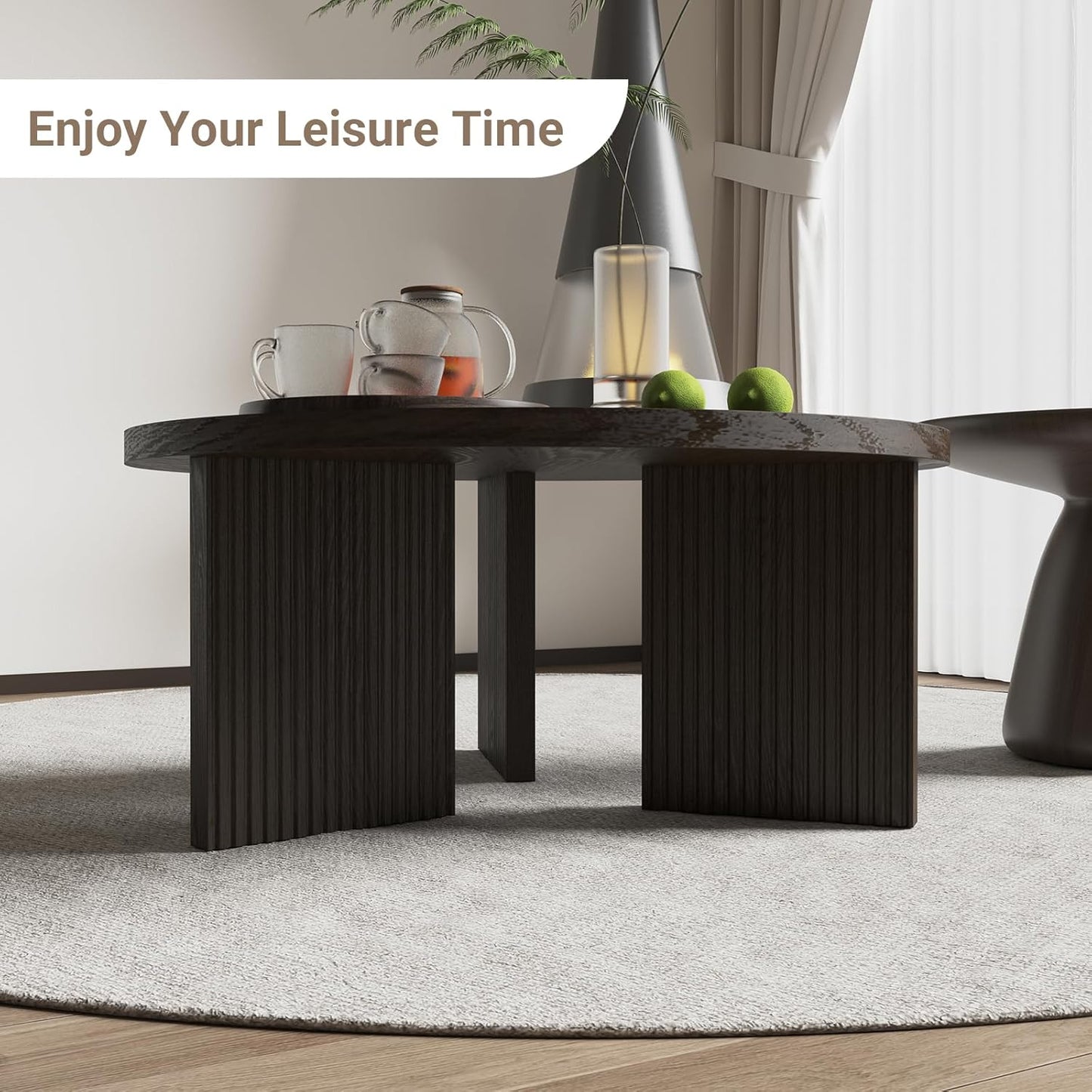 Wooden Round Coffee Table, 35" Coffee Table with Smooth Thick Mesa, Low Circle Center Table with X Shaped Stable Legs, Accent Tea Table for Living Room, Office, Brown