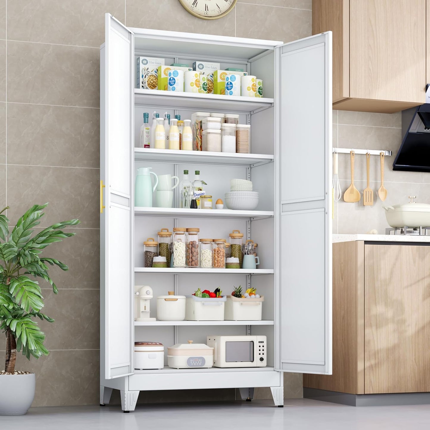 Kitchen Pantry Storage Cabinet with Doors and Adjustable Shelves, Metal ClosetMaid Food Pantry Cabinets, 75" Tall Freestanding Cupboard for Kitchen, Laundry or Utility Room, White