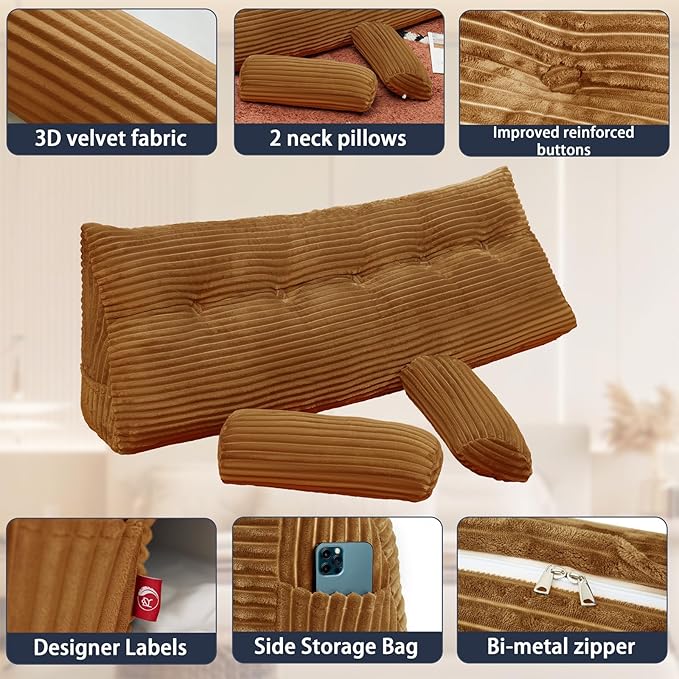 Headboard Wedge Pillow with 2 Pack Neck Roll Pillow Large Headboard Pillow Soft and Supportive Bed Rest Reading Pillows for Sitting in Bed with Removable Cover (Brown, Queen:59x8x20 Inches)