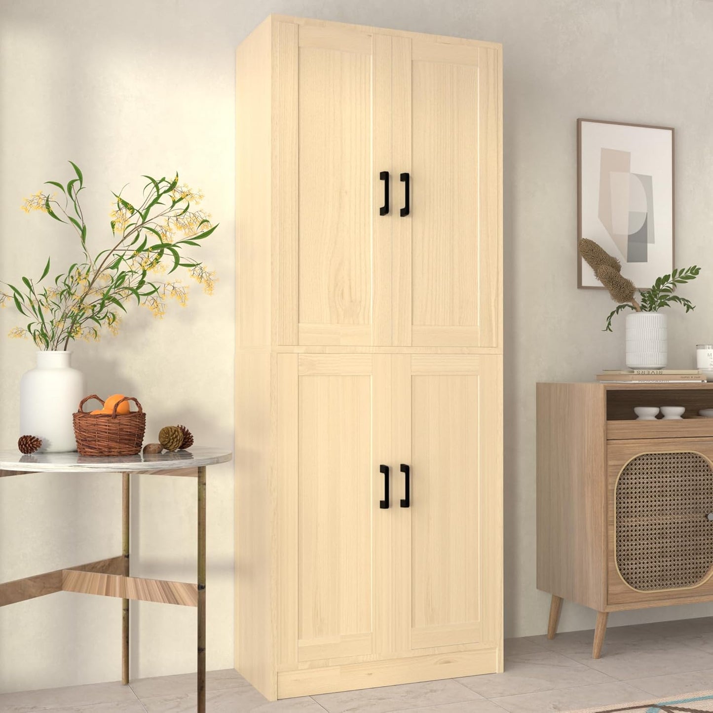 Oak Kitchen Pantry, 71" Tall Cabinet with Doors, Hutch with Storage for Dining Room