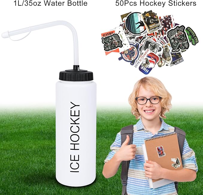 Hockey Gifts for Boys 8-12,Hockey Water Bottle with Long Straw and 50PCS Stickers Accessories Stuff for Player Lovers(1L,Squeeze,BPA-Free)
