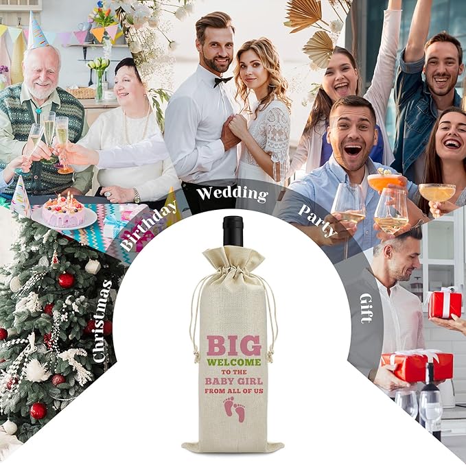 Welcome Baby Girl Wine Bag New Baby Birth Announcement Gift for Grandparents Baby Shower Baby Gender Reveal Party Decors Newborn Baby Girl Gift for Friends Wine Gift Bag Drawstring Wine Wrapping Bag