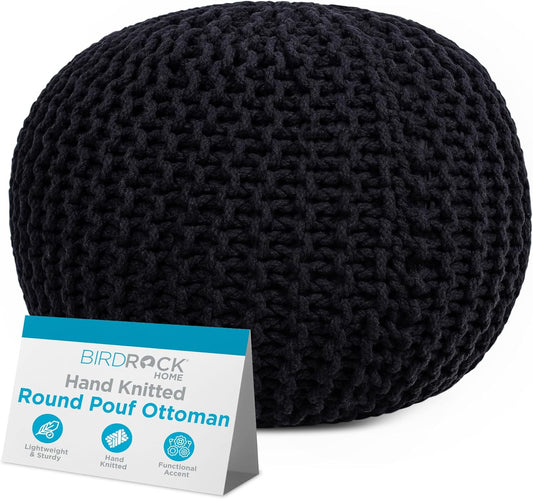 BIRDROCK HOME Round Pouf Ottoman | Cotton Braided Foot Stool with Bean Bag Filling | Boho Foot Rest for Living Room & Bedroom | Compact & Comfortable Seating, Lightweight & Soft | Black