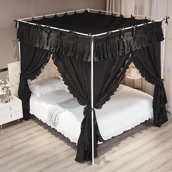 Ruffle Lace up 4 Corners Post Princess Curtain Bed Canopy Cozy Breathable Mosquito Net Cloth for Girls Adults Bedroom Decoration (Black, 53" W*78" L*82" H/Full)