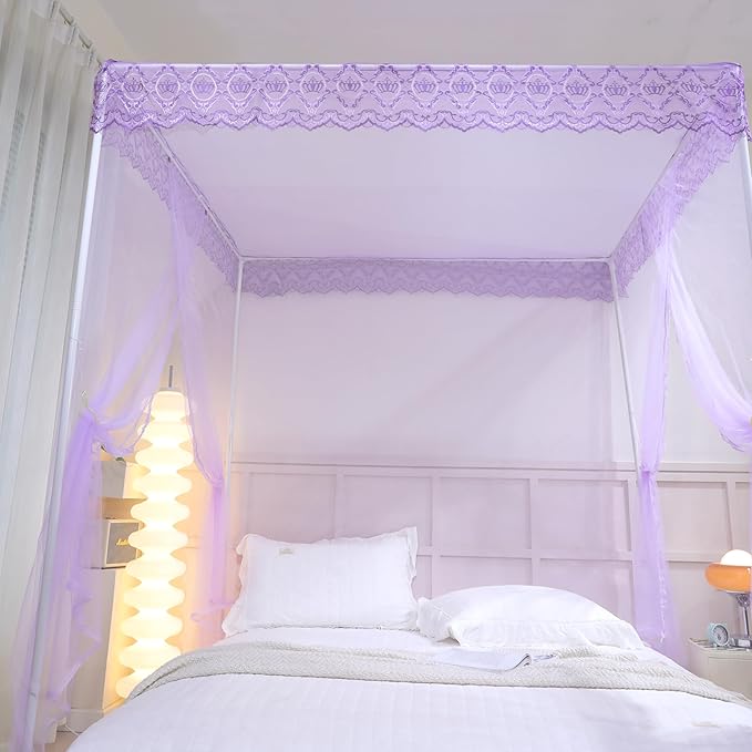 Bed Canopy, Princess Bed Curtain Net for Girls & Adults，Three-Doors Rectangle Lace Dome Netting (Purple, Queen)