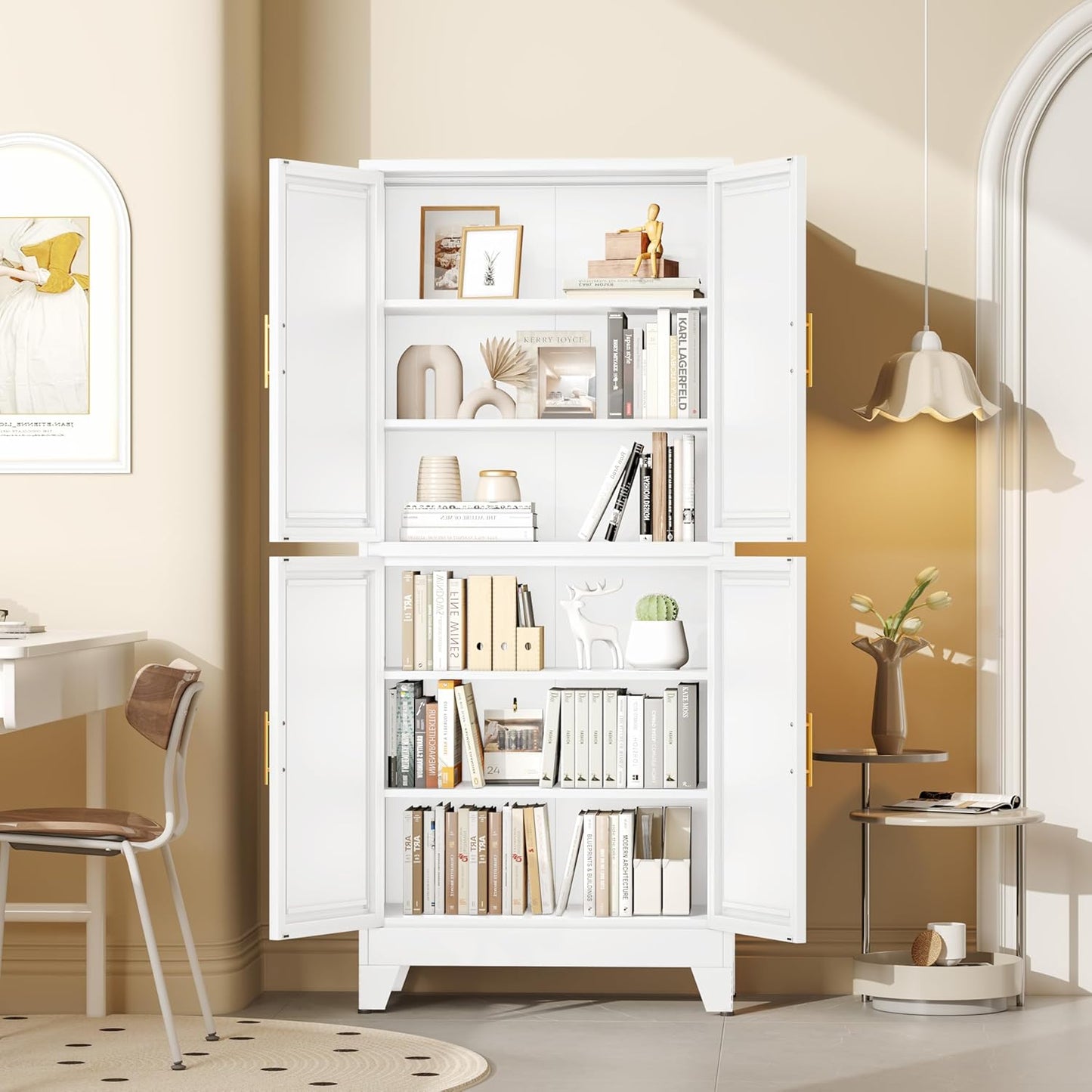 75.2" Tall Metal Pantry Cabinet, Kitchen Pantry Storage Cabinets with 4 Door and 4 Adjustable Shelves, White Storage Cabinet, Freestanding Cupboard for Kitchen Dining Room Living Room Bathroom