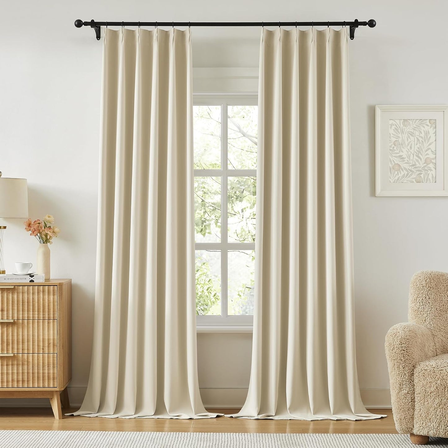 KangBang Soft Cream Blackout Drapes 108 Inches Long 2 Panels Set, Pinch Pleated Sound Dampening Polyester Modern Curtains for Living Room Kids Playroom with Hooks Track System,40”Wx108”L