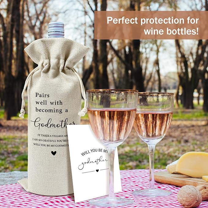 Godmother Proposal Wine Gift Bags & Card, Godmother Gifts Baptism Gifts for Godparents God Mom God Mother 1pcs Reusable Burlap Wine Gift Bags for Wine Bottles, Party Favor Will You be My Godmother -18