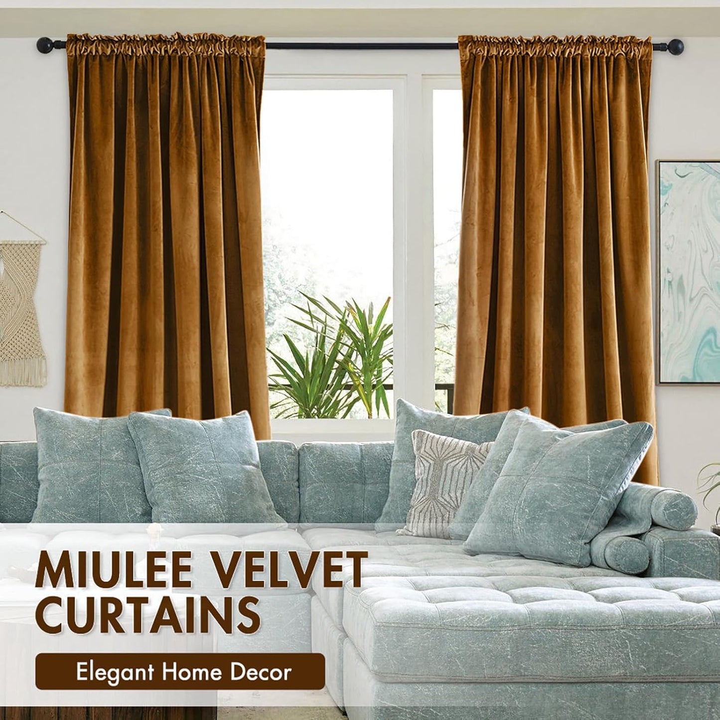 MIULEE Golden Brown Velvet Curtains Thermal Insulated Blackout Curtain Drapes for Bedroom Living Room Darkening 108 Inches Long Curtains Panels Rod Pocket Set of 2