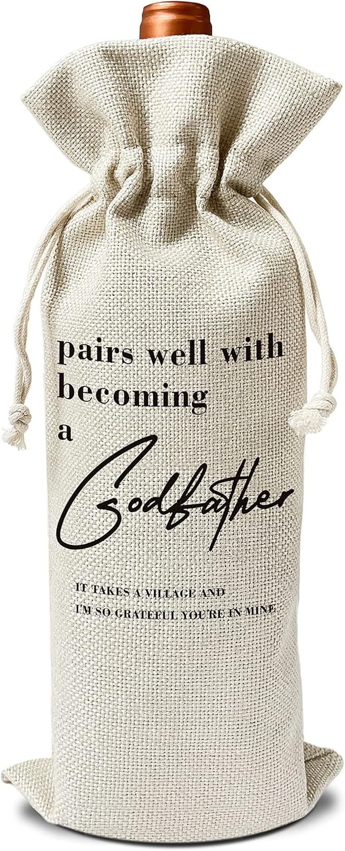 Godfather Wine Gift Bags - Gift for Godfather, Uncle, Godparent, Baptism - Reusable Burlap With Drawstring Gift Bag (5.5"x 13.5")-1 Pcs/jiu064