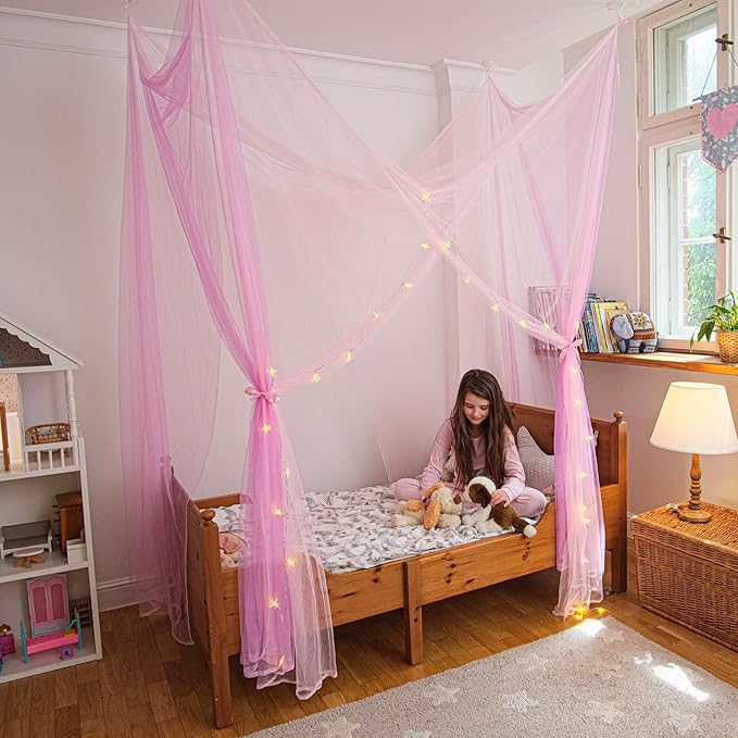 Canopy Bed Curtains with Lights, Twin Princess Bed Canopy For Girls, Pink & Purple | Fits Twin & Twin XL | Bed Curtains From Ceiling Or Bed Frame, Bed Curtains, Bed Canopies & Drapes, Princess Canopy