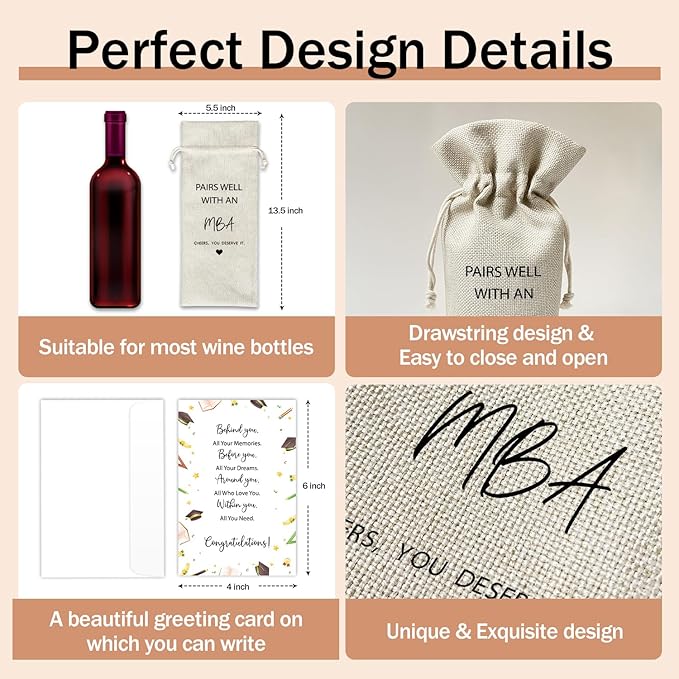 Masters Degree Graduation Wine Gift Bags & Card, Graduation Gifts for Son Daughter MBA College Degrees, 1 pcs Reusable Burlap Wine Gift Bags for Wine Bottles, Graduation Gifts Party Decor Favor -30