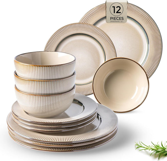 GBHOME Ceramic Dinnerware Sets,12 pcs Embossed Elegant Stoneware Plates and Bowls Sets, Housewarming Wedding Gift | Dishwasher & Microwave Safe | Dishes Set Service for 4