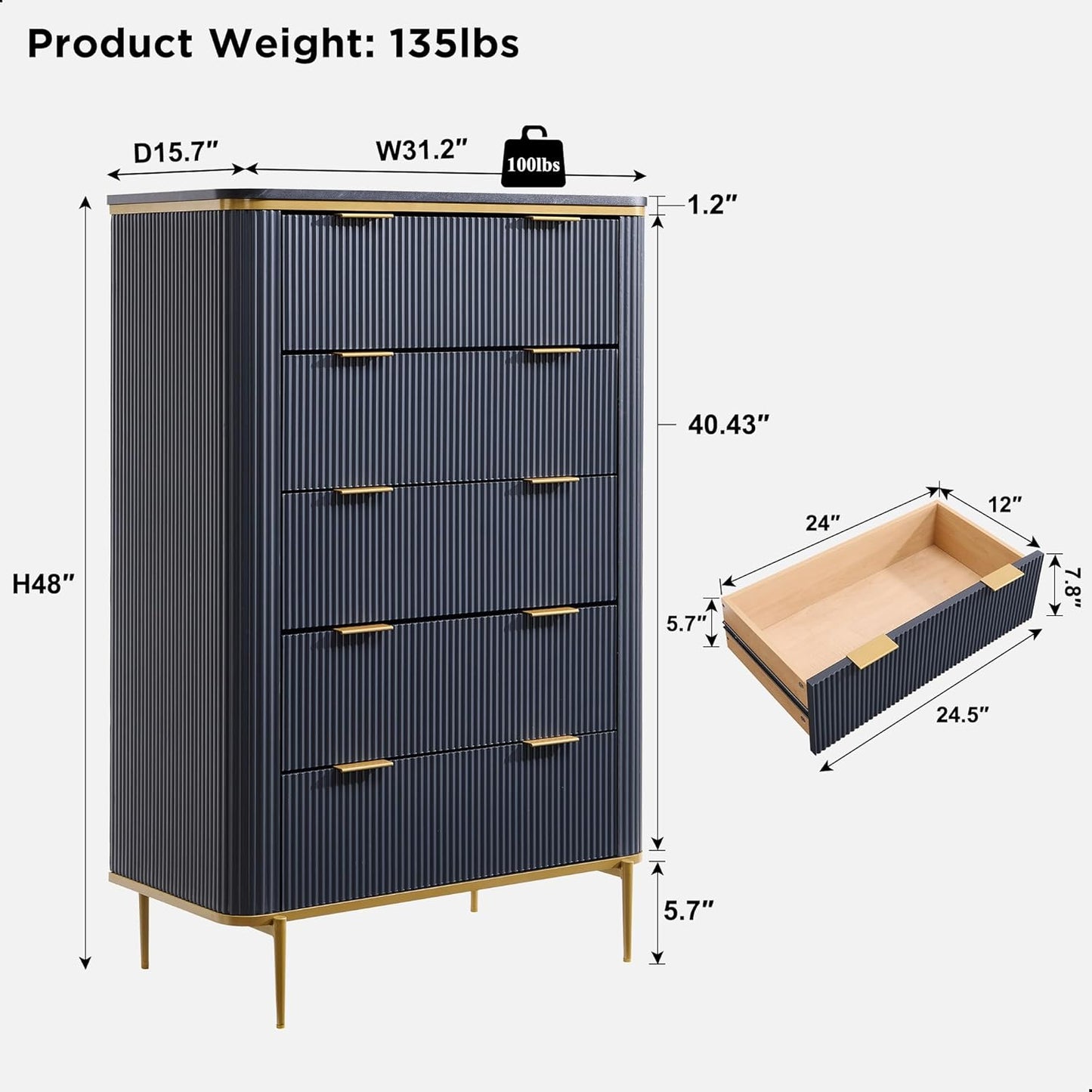 T4TREAM Fluted 5 Drawers Dresser for Bedroom, 48" Tall Modern Dresser Chest of Drawers, Gold Accents, Fluted Fronts, Wood Storage Dressers Organizer for Bedroom, Living Room, Dark Grey