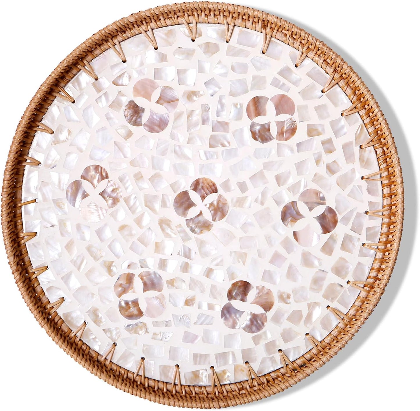 Round Rattan Tray with Mother of Pearl Inlay & Wooden Base - Decorative Wicker Serving Tray for Coffee/Bread/Fruits, Food Storage & Display - Multipurpose Home Decor (M,Four-Petal Flower)