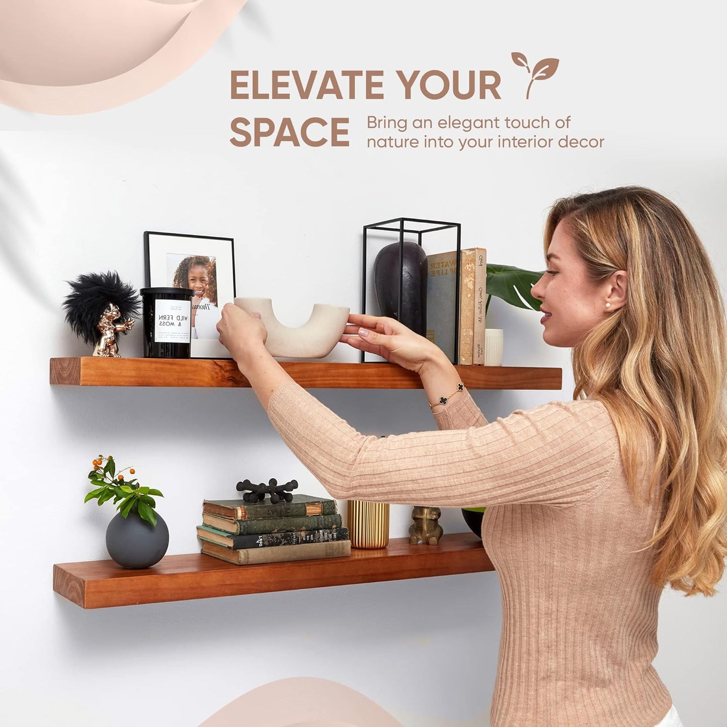 Homeforia Oak Floating Shelves 36 inches Long, High End Solid Real Wood 36 inch Floating Shelf for Room Wall, Honey Oak Wooden 36inch Kitchen Shelves, Heavy Duty Bracket, 36 X 6.5 X 1.75 in, Set of 2