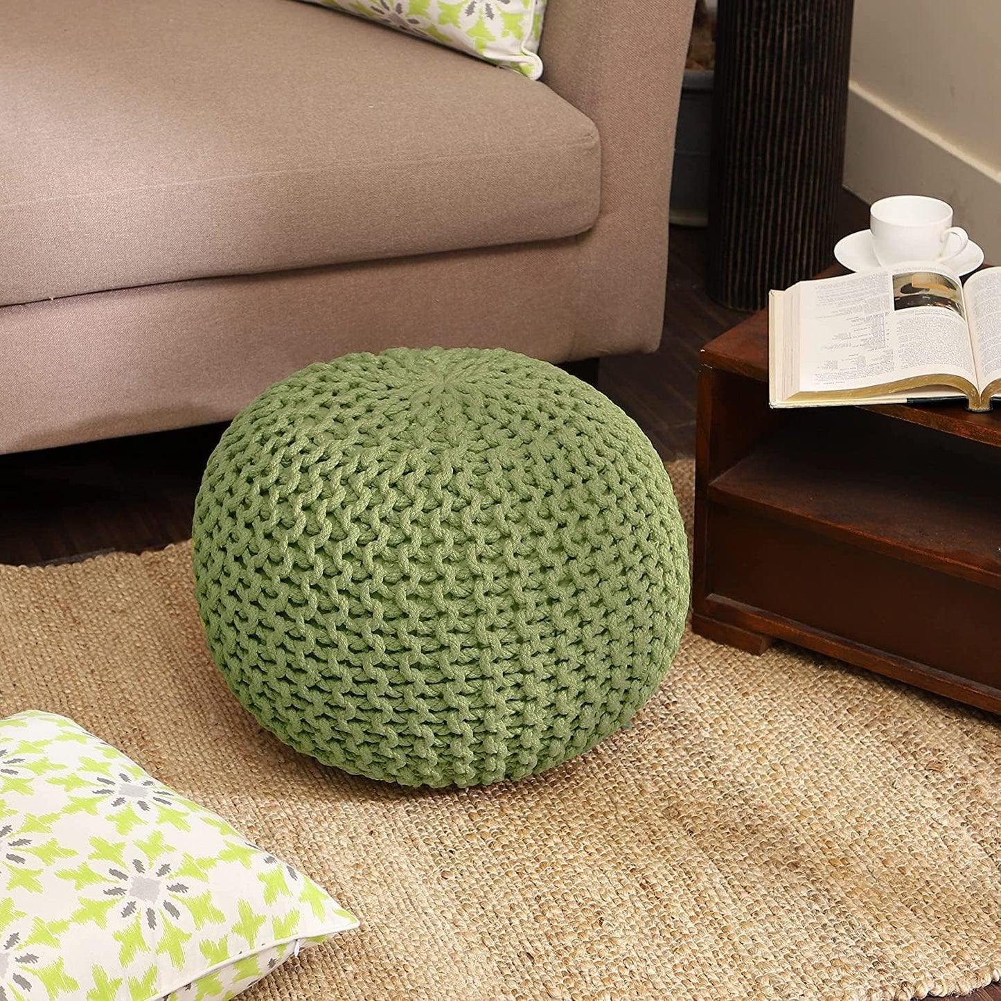 REDEARTH Round Pouf Foot Stool Ottoman - Cotton Knitted Cord Boho Pouffe - Cable Poof Filled Footrest Stuffed for Living Room - Nursery - Bedroom - Patio - Lounge (19.5"x19.5"x14") - Kiwi