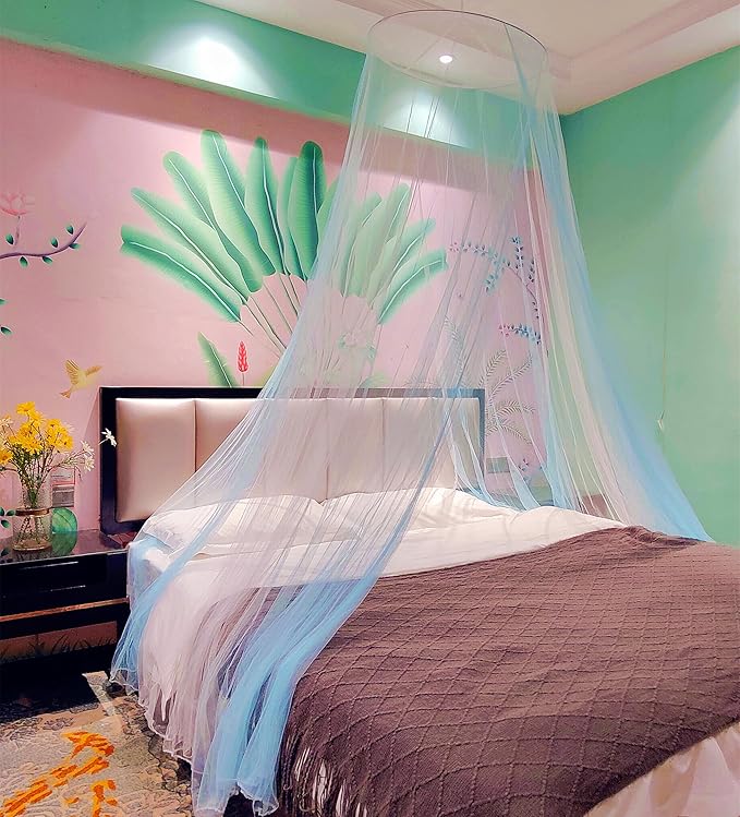 Eimilaly Two-Tone Bed Canopy Mosquito Net White Blue, Bed Canopy for Girls Room Decor - Insect Protection Hanging Canopy for Adults, Babies, Single Door