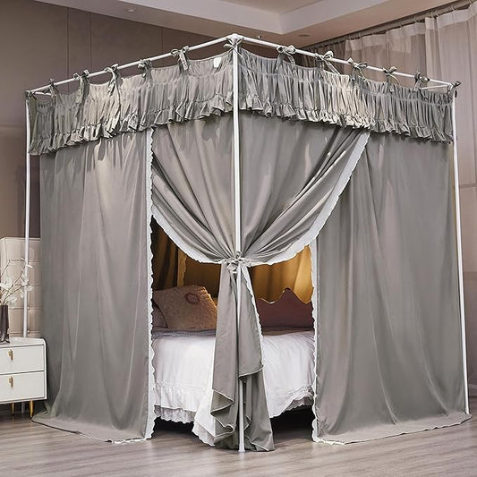 Ruffle Lace up 4 Corners Post Princess Curtain Bed Canopy Cozy Breathable Mosquito Net Cloth for Girls Adults Bedroom Decoration (Grey, 53" W*78" L*82" H/Full)
