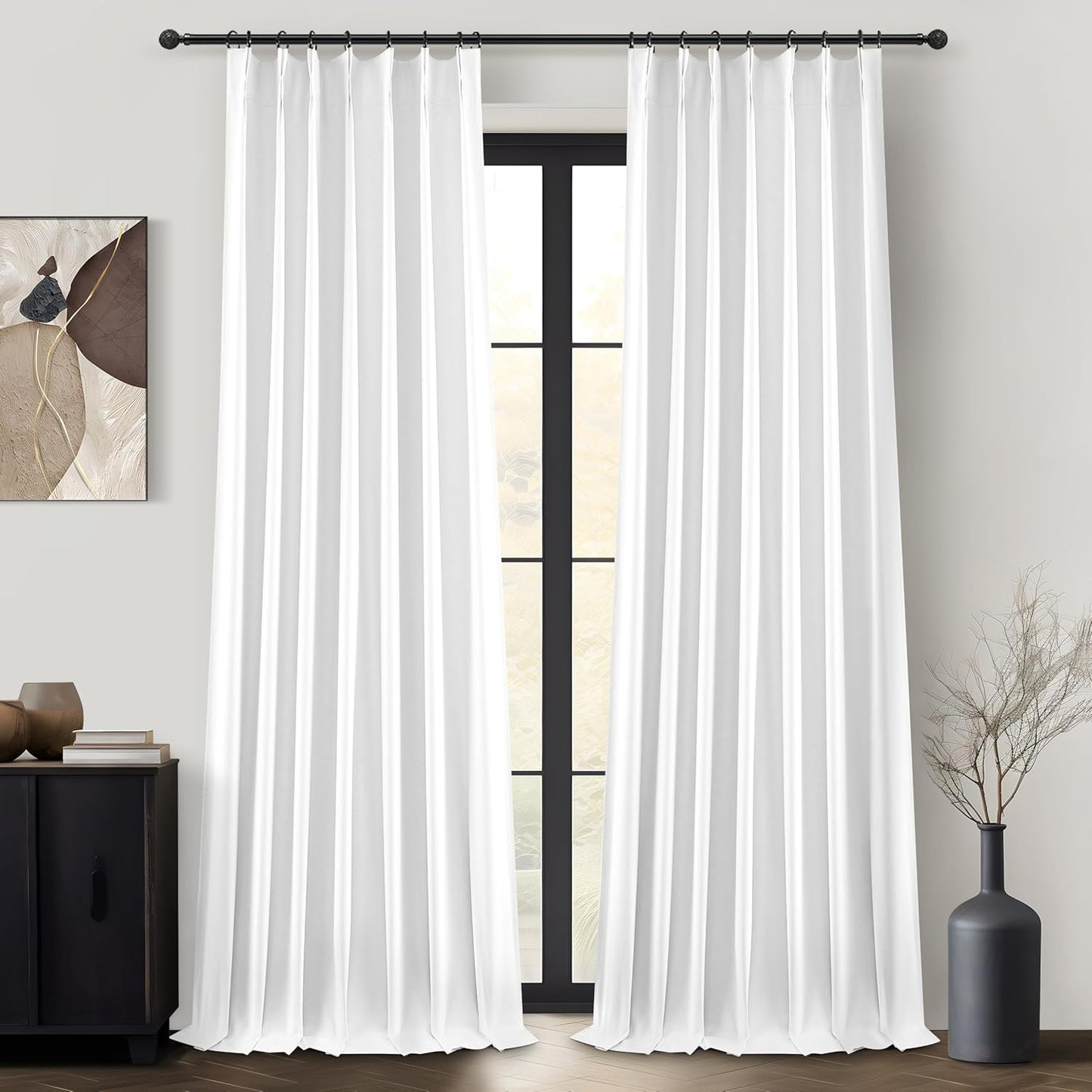 Pinch Pleated Bright White Blackout Curtains 105 Inches Long for Bedroom 2 Panels Set, Modern Linen Blend Heavy Thermal Decor Curtain Room Darkening Privacy Office /Kids Room Window Drapes 40"Wx105"L