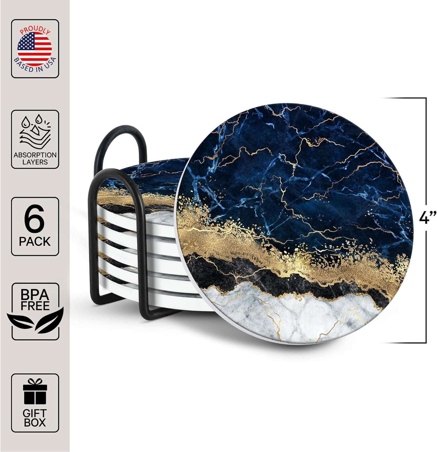 Emerson Coasters for Drinks Absorbent Set of 6 with Holder – Marble Style Coasters – Coasters for Drinks – Drink Coasters for Coffee Table – 100% Ceramic Stone Non Slip – Heavy Duty (Ripple)