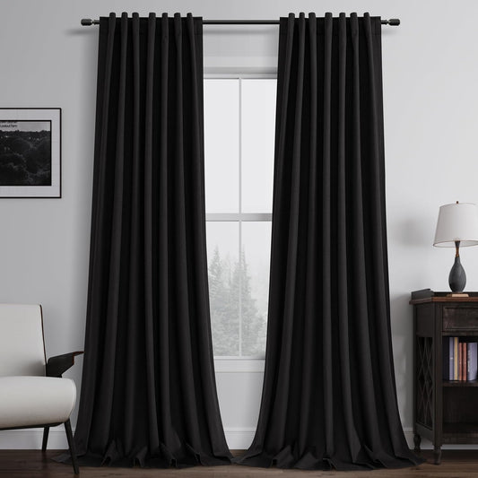 BOODII Full Blackout Curtains 90 Inches Long Room Darkening Curtain for Bedroom Sliding Door Thermal Insulated Black Out Curtains & Drapes Black Linen Curtain 2 Panels Set Back Tab 52x90
