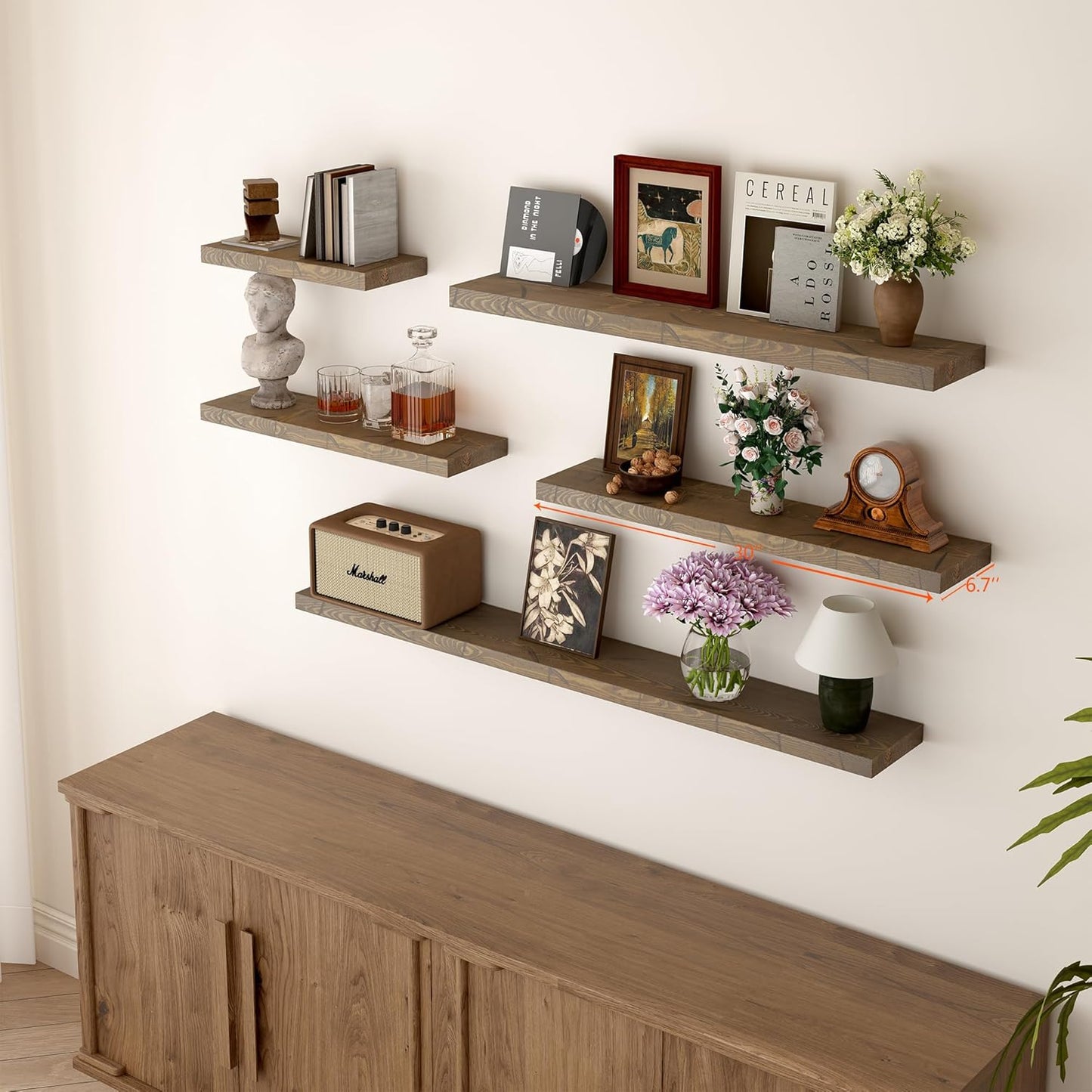 BGMG Wood Floating Shelves for Wall 30 inch, Distressed, Rustic Wooden Wall Mount Shelves for Bathroom Living Room Bedroom Kitchen Farmhouse Set of 2-30x6.7x1.25 inch-Distressed Walnut