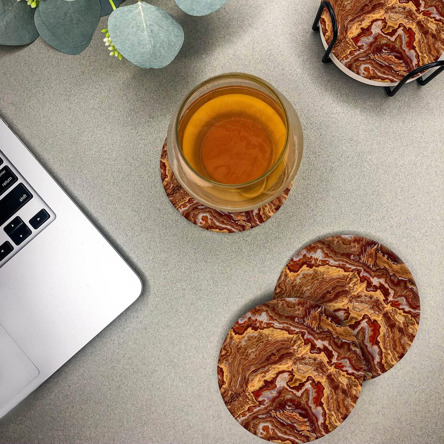 Emerson Coasters for Drinks Absorbent Set of 6 with Holder – Marble Style Coasters – Coasters for Drinks – Drink Coasters for Coffee Table – 100% Ceramic Stone Non Slip – Heavy Duty (Ember)