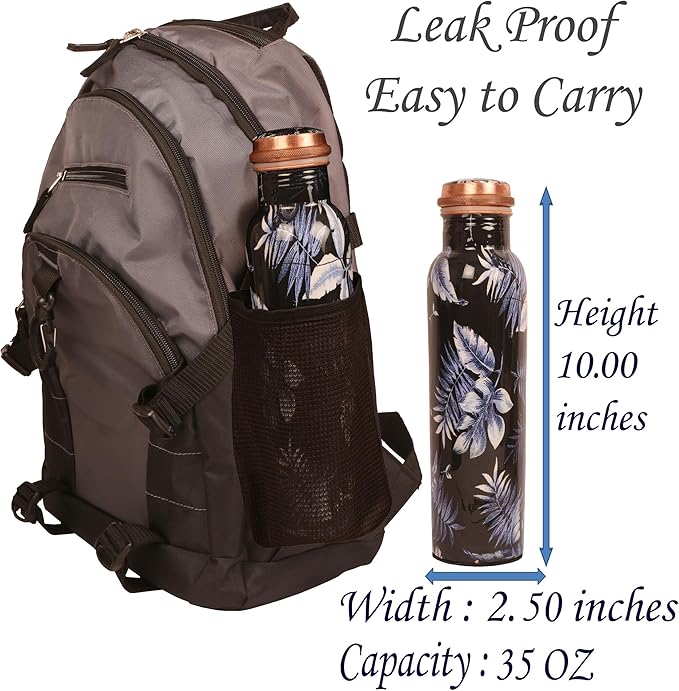 Pure Copper Water Bottle - Handcrafted - Ayurveda health benefits - Large 35 oz - Leak proof - Easy to carry for Sports, Fitness, Yoga, School - Indigo Blue Artistic Petals Motifs Enamel