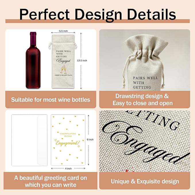 Engagement Wine Gift Bags & Card, Bridal Shower Gift Wedding Gifts for Bride Groom Newlyweds Newly Engaged Couples, 1 pcs Reusable Burlap Wine Gift Bags for Wine Bottles, Wedding Party Favor -07