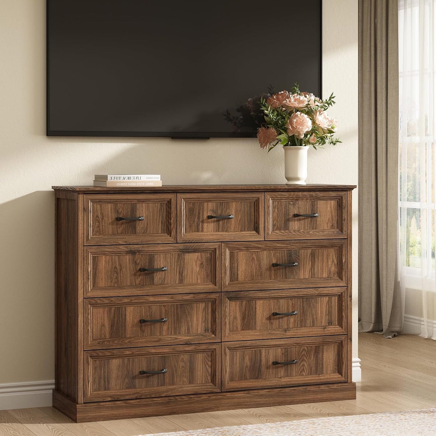 Farmhouse 9 Drawer Dresser for Bedroom, 55 Inch Wide Modern Walnut Dresser TV Stand with Large Drawers & Bar Handles, Rustic Wood Chest of Drawers for Bedroom, Living Room, Hallway, Entryway.