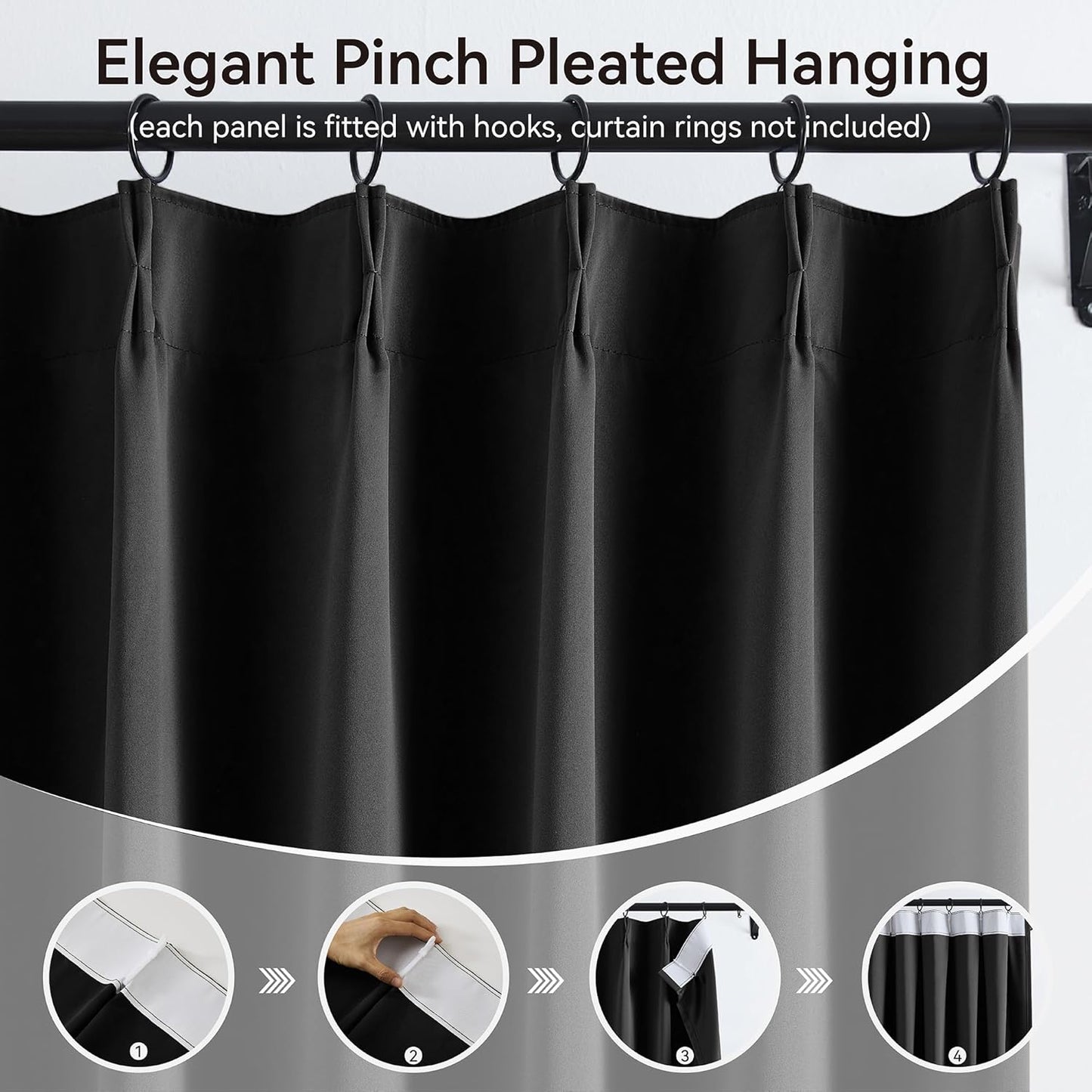 KangBang Pinch Pleated Blackout Curtains 90 Inch Long for Bedroom, Thermal Insulated Privacy Assured Memory Shape Window Curtains with Adjustable Hooks 2 Panels,40Wx90L, Black