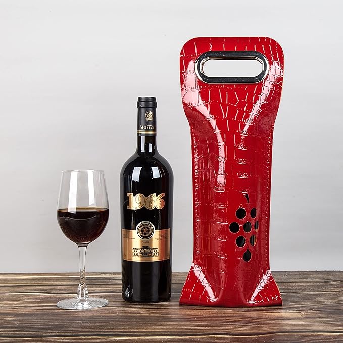 Leather Wine Bag with Handles Reusable Wine Carrier Bag Carrier Tote PU Leather Wine Gift Bag for Party Picnic Travel for Wine Lover Color Red with Pattern 1 Bottle