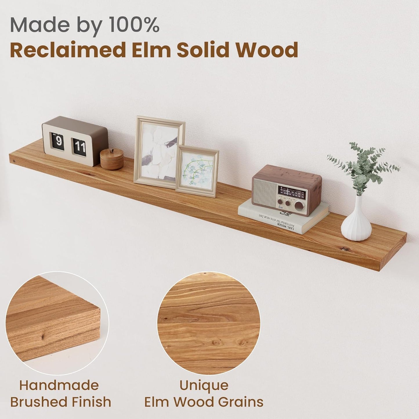 Floating Shelves for Wall Decor, 8" Deep Rustic Solid Elm Wood Floating Shelves Wall Mounted, Wall Shelves with Invisible Bracket for Living Room Bathroom Bedroom Kitchen, 55 Inch Set of 1, Natural