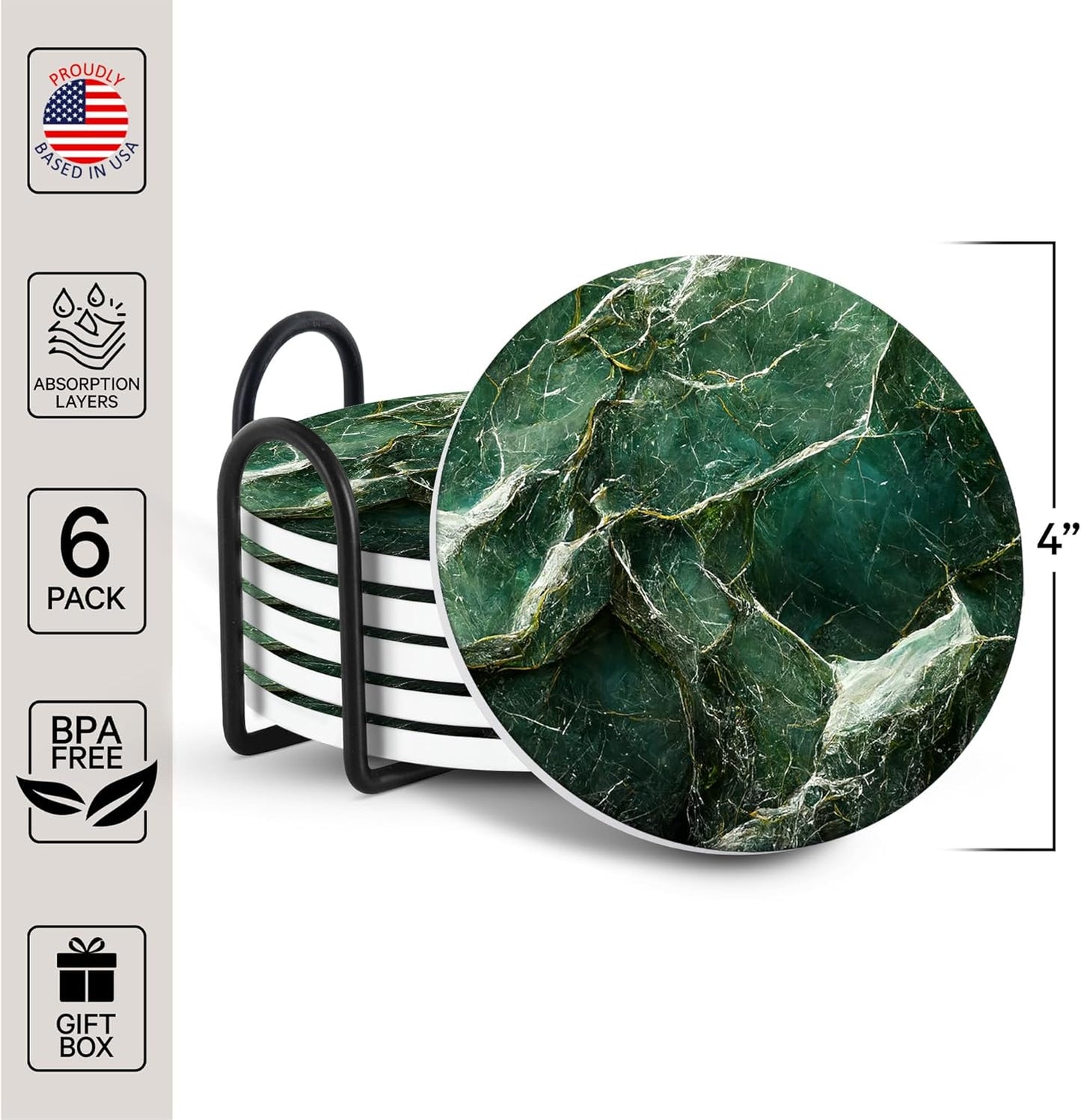 Emerson Coasters for Drinks Absorbent – Dining Table Set of 6 with Holder, 100% Ceramic Wooden Tabletop Protection Marble Style - Non Slip & Cork Bottom - Heavy Duty (Green Marble)