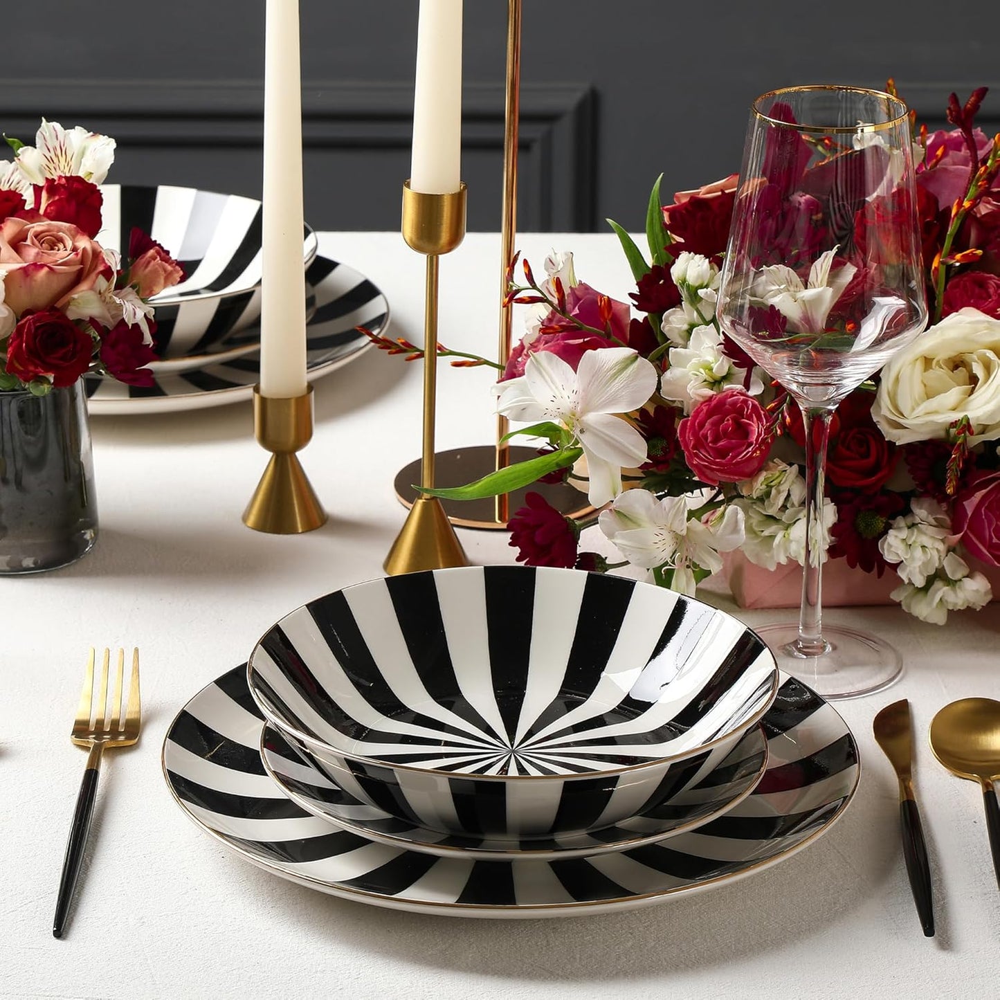 Christian Siriano Empire Porcelain Dinnerware, 12-Piece Plates and Bowls Set, Black and White Dish Set for 4, Gold Trim, Hand Wash Only