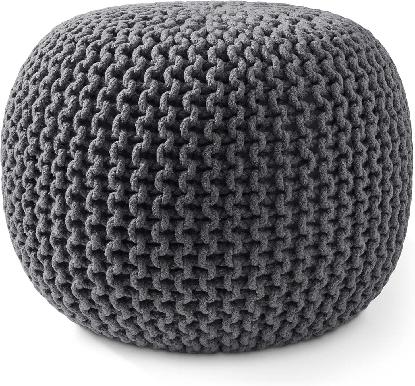 Casafield Round Pouf Ottoman, Dark Gray - 20" Diameter x 14.5" High Cotton Knit Foot Stool - Boho Floor Pouffe for Living Room, Bedroom, Home Office
