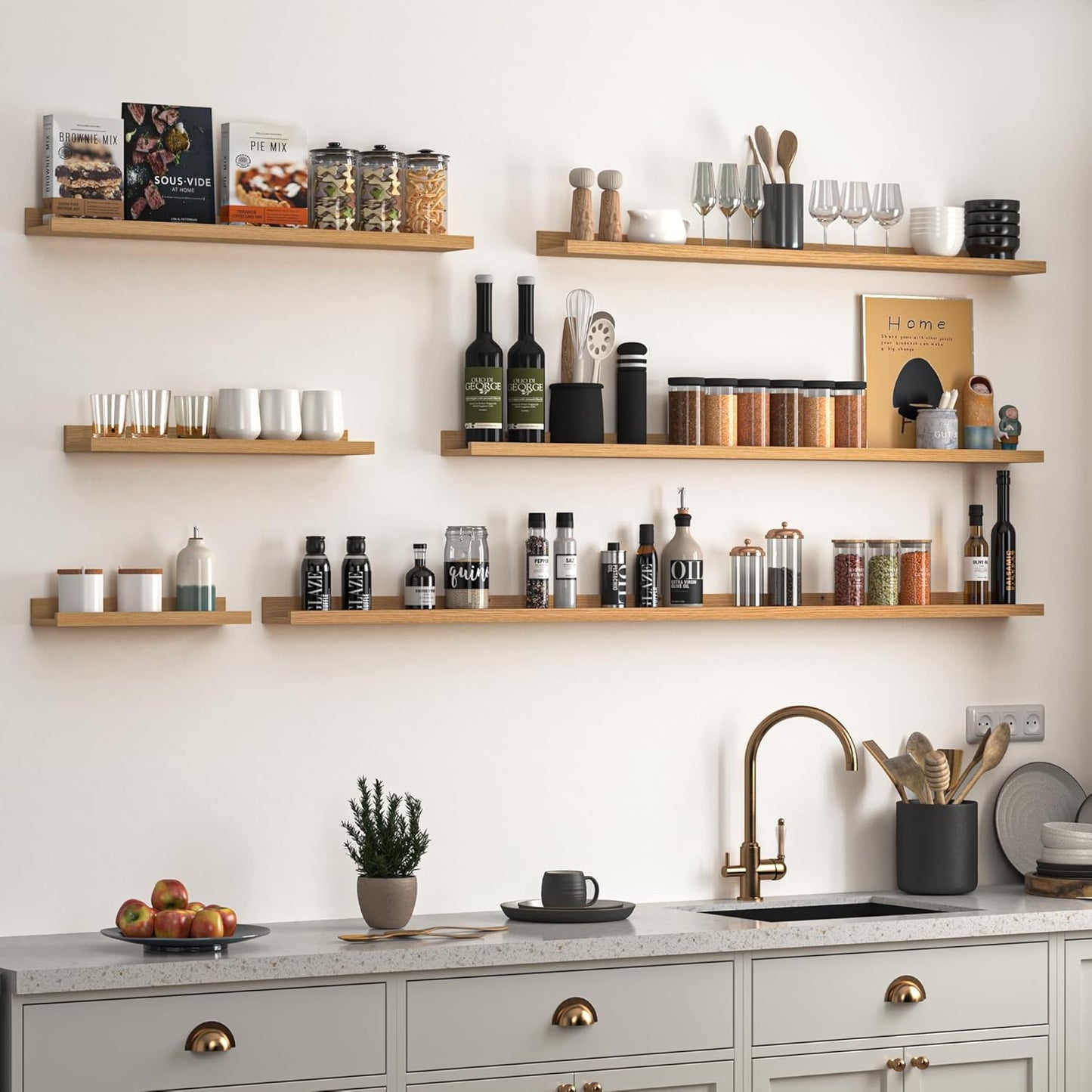 Heimlove Picture Ledge Shelf, Floating Shelves Set of 2, 48 Inches Picture Shelf for Wall with Ledge, Kids Bookshelf Wall Mounted for Living Room Bedroom Decor Books Photo Frames, Natural Oak