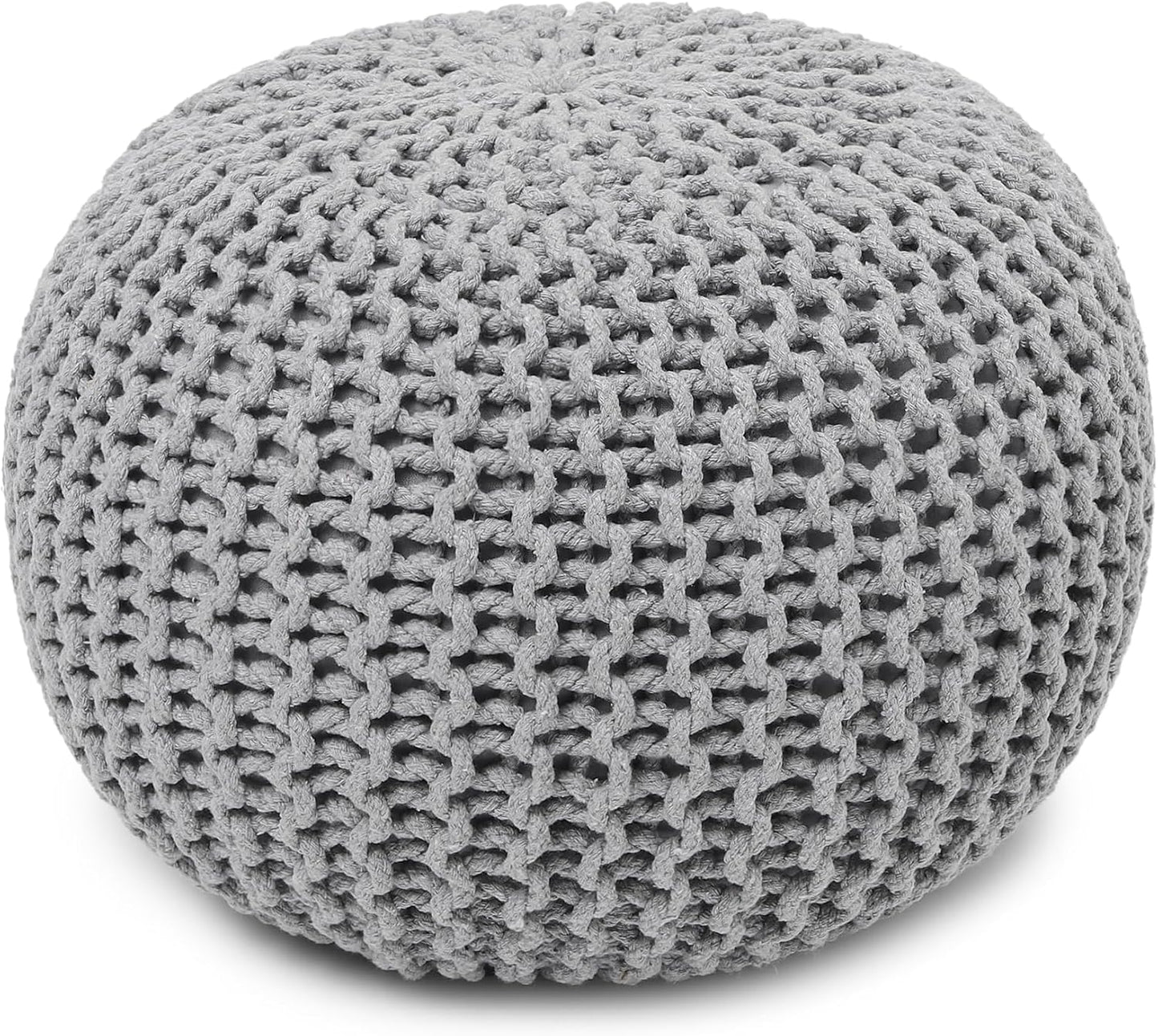 REDEARTH Round Boho Pouf Ottoman - Cable Knitted Cord Boho Pouffe - Stuffed Poof Accent Beanbag Footrest for Living Room - Nursery - Bedroom - Covered Patio - Study Nook (19.5"x19.5"x14") - Gray