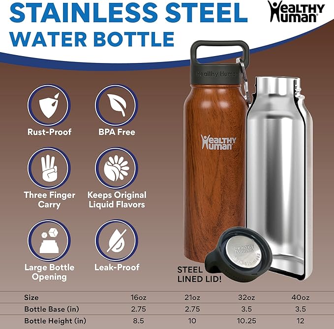 Healthy Human Stainless Steel Water Bottle | Double Walled Vacuum Insulated Water Thermos for Adults | Eco-Friendly Travel Bottles with Leak Proof Lid (Harvest Maple,32oz/946ML)