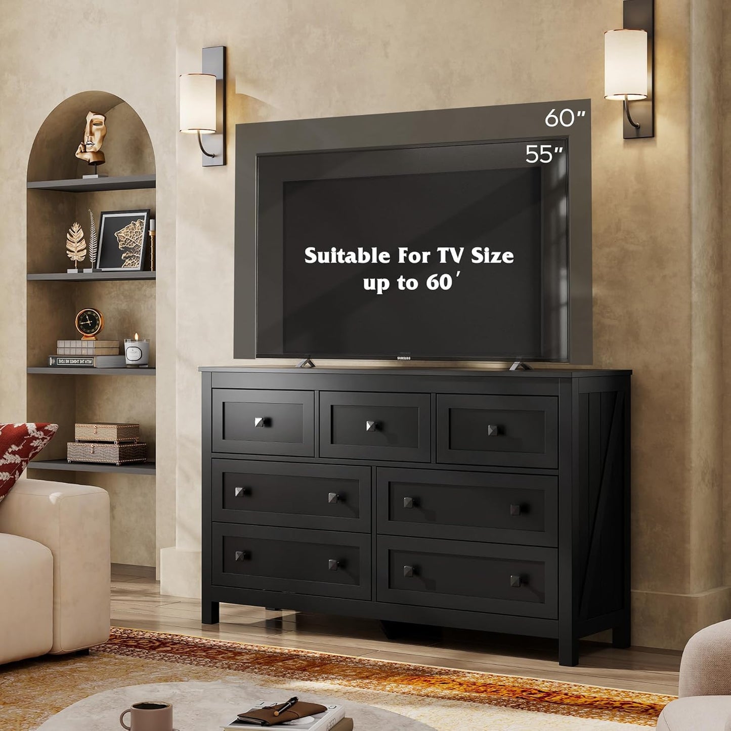 WLIVE Farmhouse Dresser for Bedroom, 51.18'' Wide 7 Drawer Wood Dresser, Black TV Stand for 65 inch TV, Wooden Chest of Drawers for Bedroom, Modern Clothes Organizer for Living Room, Hallway