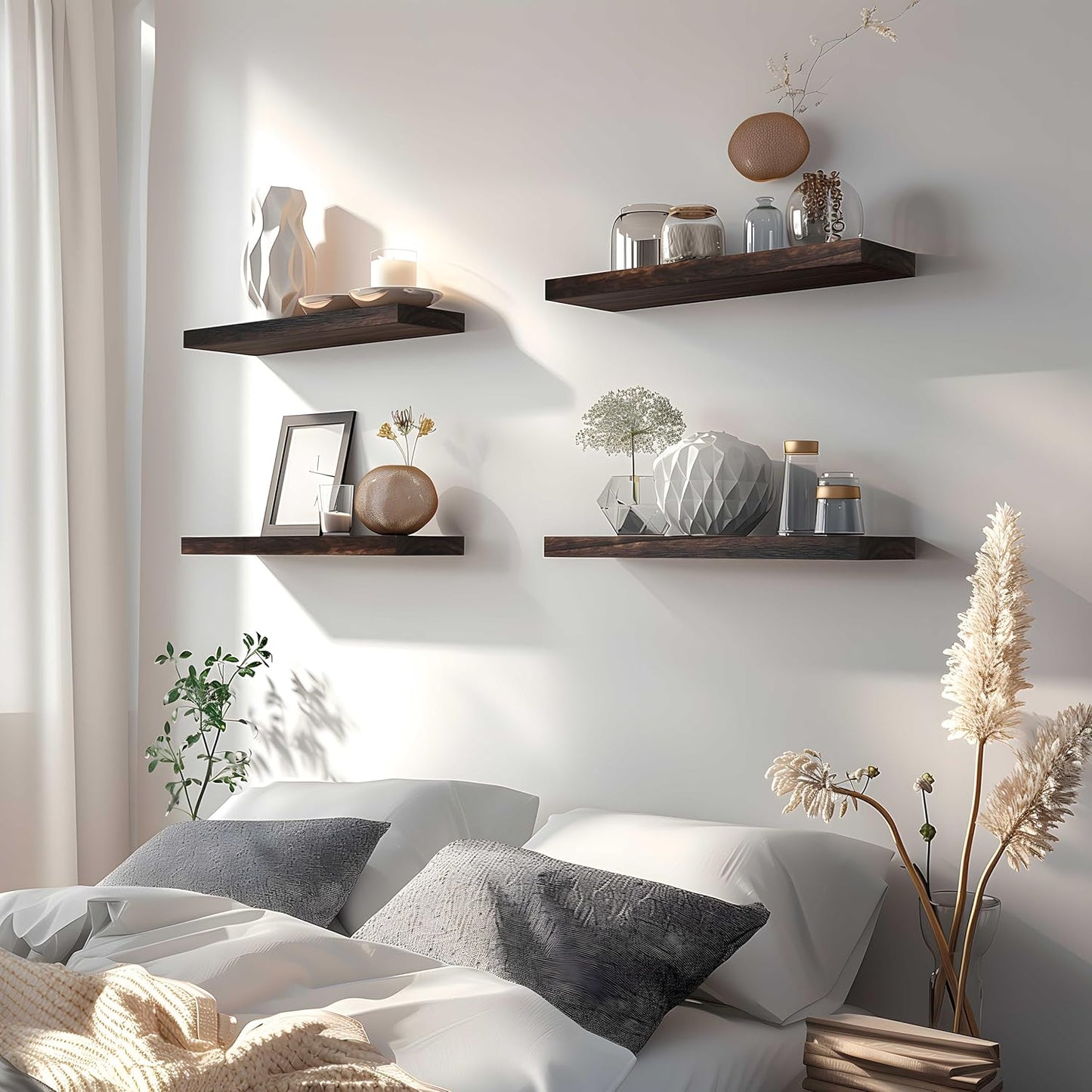 Brown Wood Floating Shelves for Wall Rustic Wall Shelves for Bedroom Set of 6