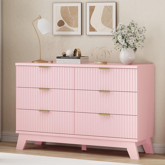 Fluted Dresser for Bedroom with 6 Drawers, 48" Wide Modern Chest of Drawers with Metal Handle, Wooden Dresser TV Stand, Wood Closet Clothes Storage Drawer Organizer for Living Room, Hallway, Pink