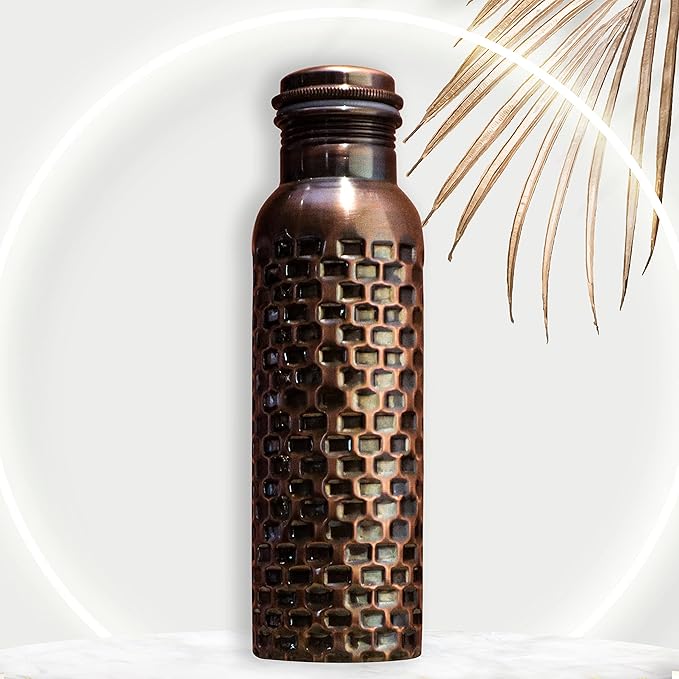 Copper Water Bottle 32 oz Hammered Vintage Modern Design Handcrafted Ayurvedic Copper Vessel For Drinking Water Bottle Travel Water Bottle for Gym, Office, Hiking, Outdoor Hammered Water Vessel
