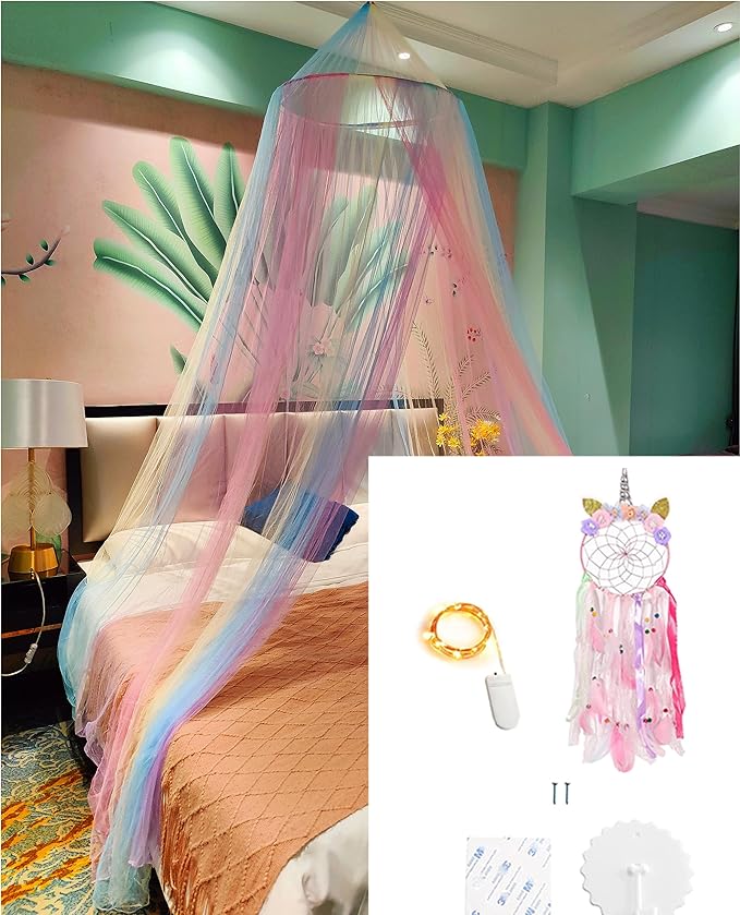 Eimilaly Princess Rainbow Bed Canopy with Unicorn Dream Catcher | Lights, Bed Canopy for Girls Room Decor or Unicorn Theme Party